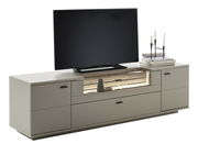 TV-Element in moderner, minimalistischer Optik mit Stauraum und Dekoration, seitliche Perspektive