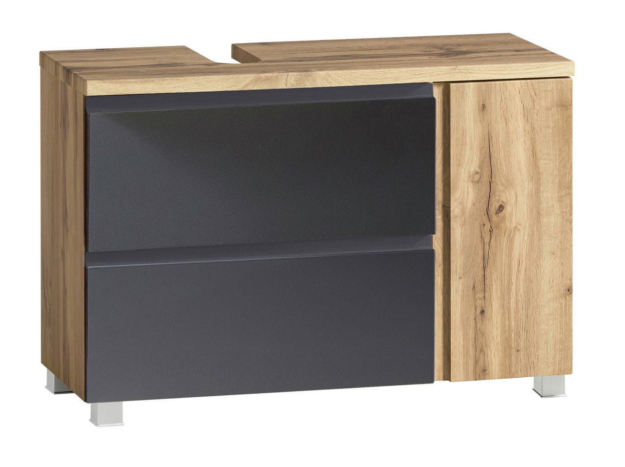 Waschbeckenunterschrank in Holzoptik mit grauen Schubladen, Perspektive von vorne links