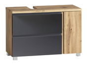 Waschbeckenunterschrank in Holzoptik mit grauen Schubladen, Perspektive von vorne links