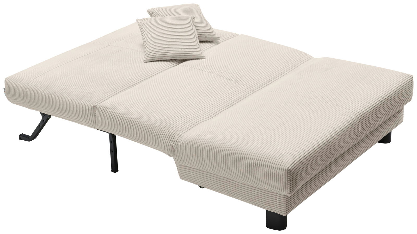 Beiges Funktionssofa in ausgeklappter Position mit zwei passenden Kissen, seitliche Perspektive