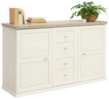 Weißes Sideboard mit Holzplatte, zwei Türen und vier Schubladen, dekoriert mit Büchern und einer Pflanze, seitliche Perspektive