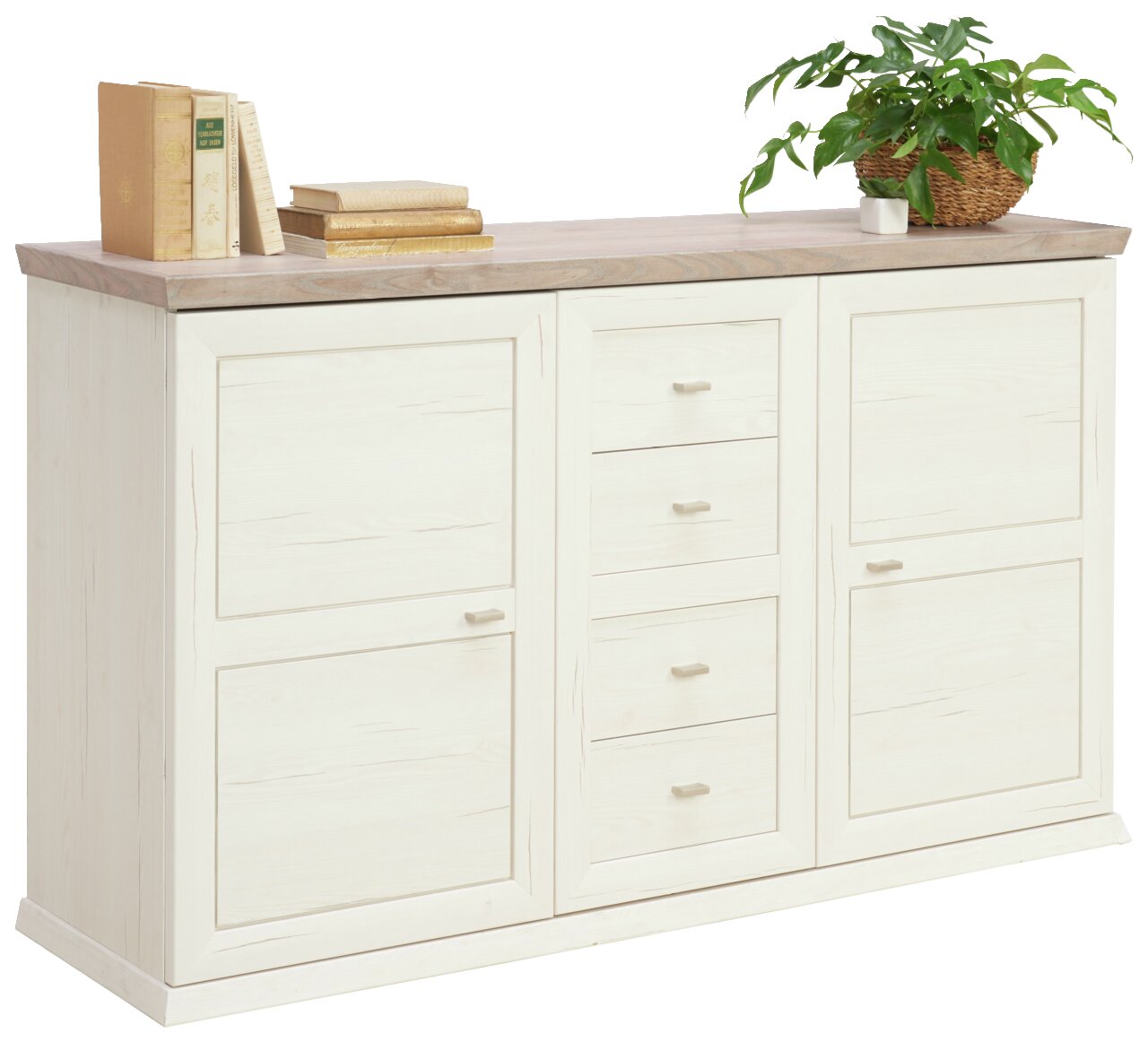 Weißes Sideboard mit Holzplatte, zwei Türen und vier Schubladen, dekoriert mit Büchern und einer Pflanze, seitliche Perspektive
