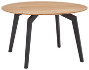 Runder Esstisch mit Holzplatte und schwarzen Metallbeinen, seitliche Perspektive
