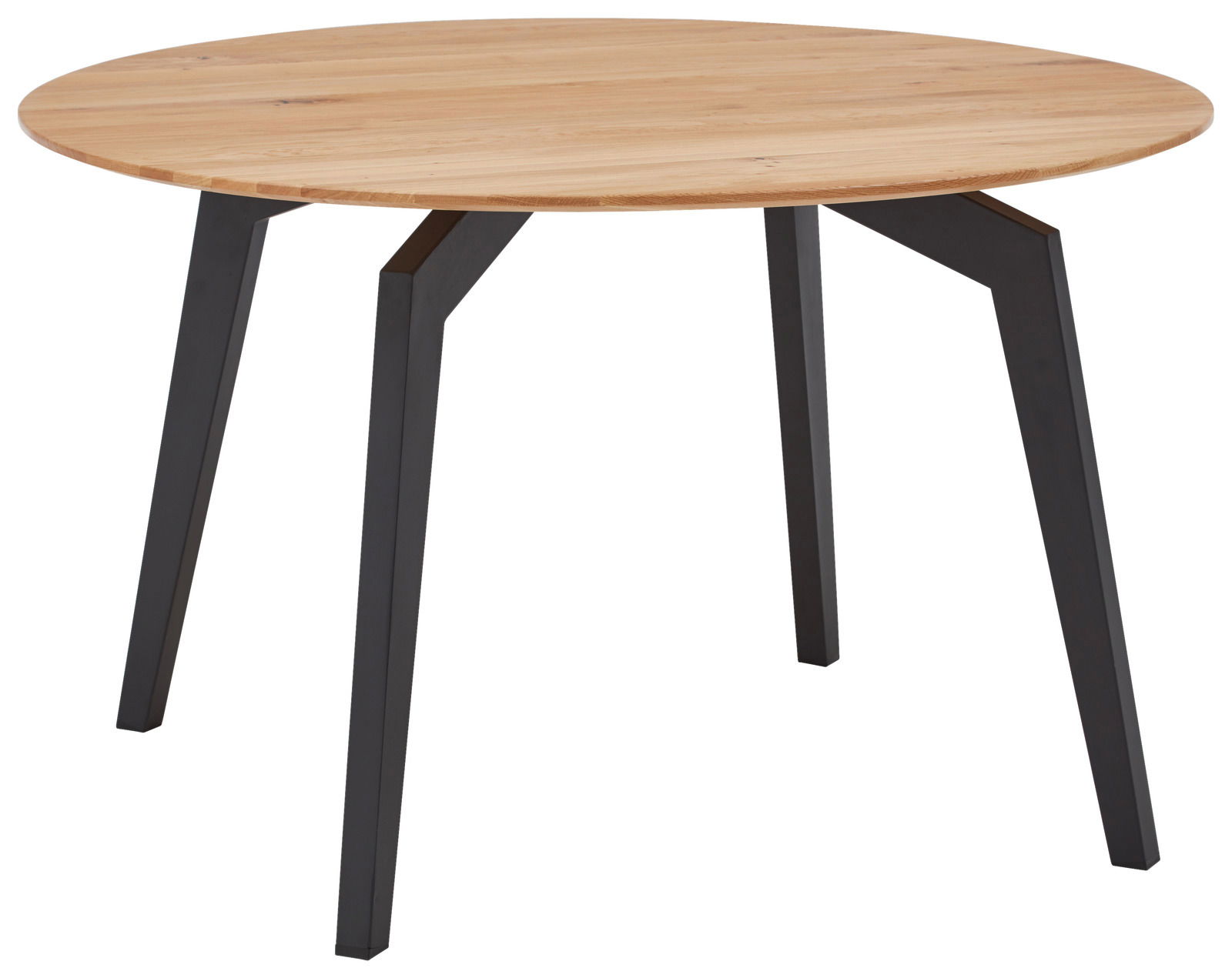 Runder Esstisch mit Holzplatte und schwarzen Metallbeinen, seitliche Perspektive