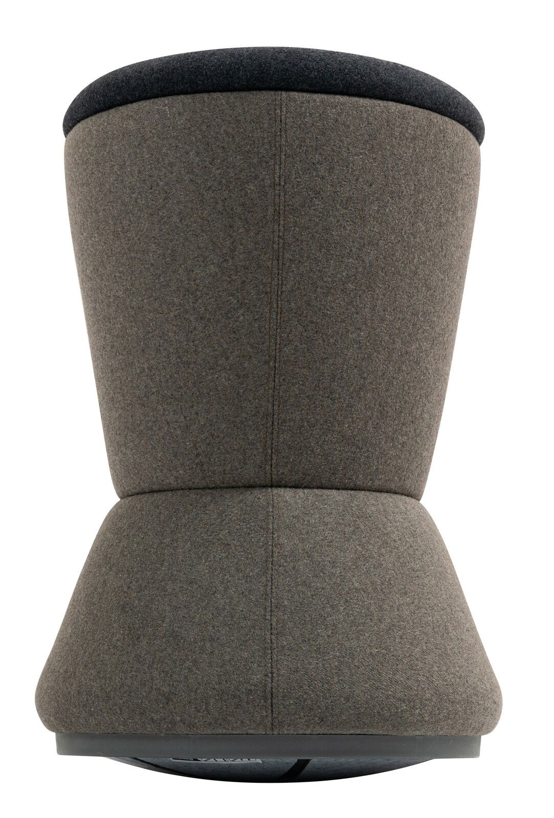 Rückansicht eines modernen Bürohockers mit grauem Stoffbezug und abgerundeter Form.