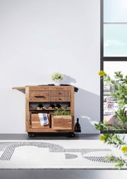 Holz-Servierwagen mit Schubladen, Weinregal und Pflanzenbox, seitliche Perspektive