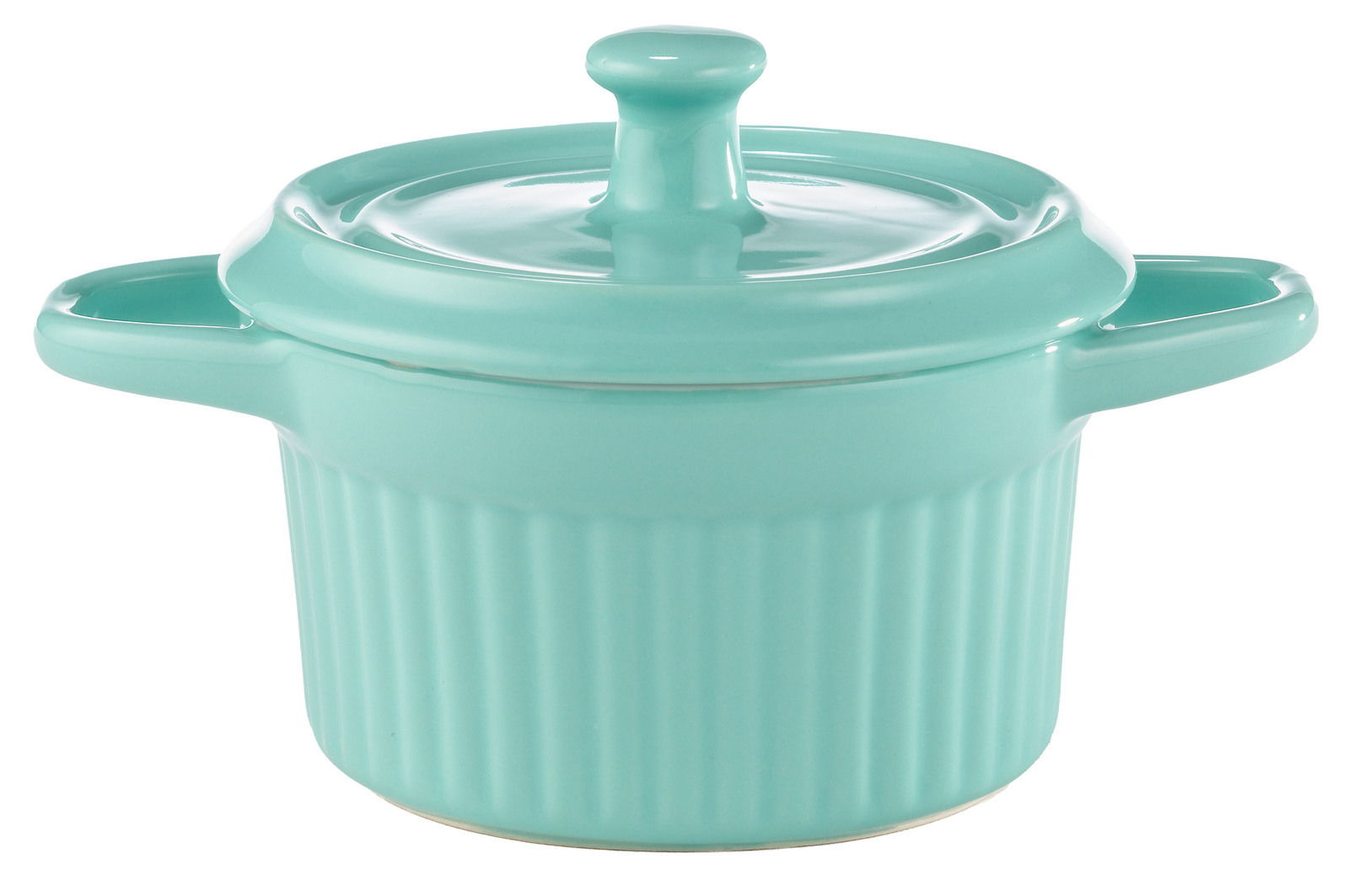 Grüne Cocotte mit Deckel, seitliche Perspektive