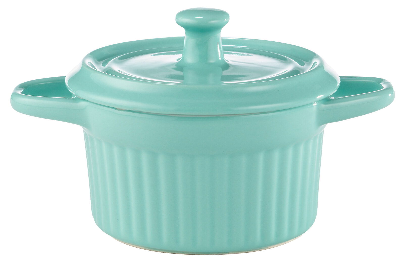 Grüne Cocotte mit Deckel, seitliche Perspektive