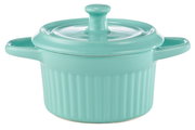 Grüne Cocotte mit Deckel, seitliche Perspektive