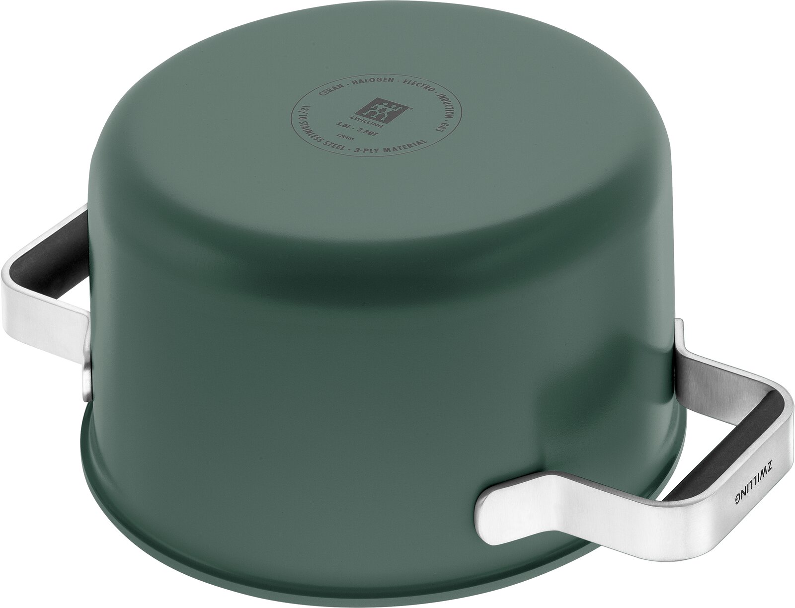 Grüner Topf aus einem 5-teiligen Set, von unten mit sichtbaren Griffen aus Edelstahl.