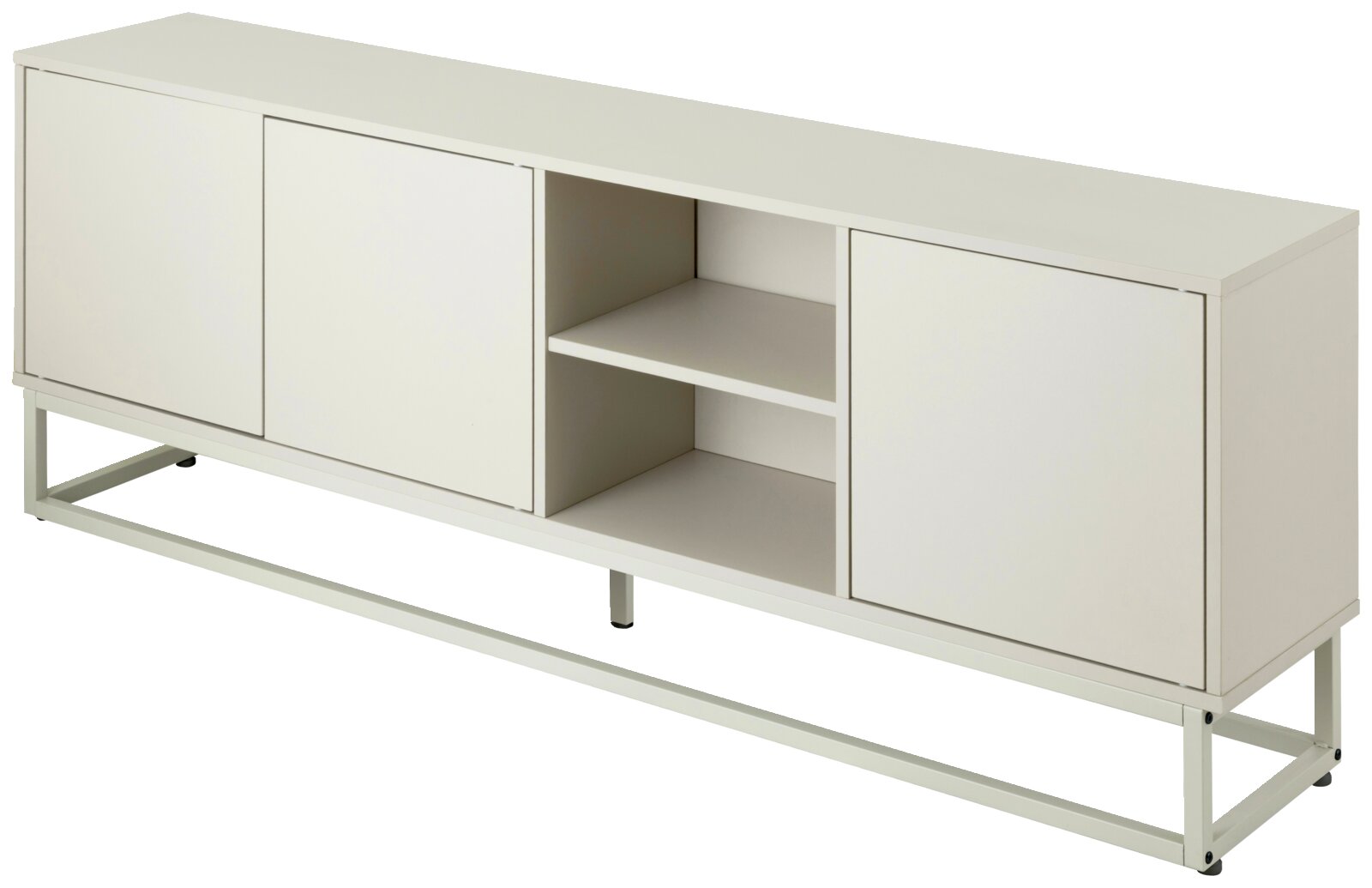 XORA TV-Lowboard RUBY Weißes, modernes TV-Lowboard/Sideboard mit zwei Schiebetüren und offenem Mittelregal auf Metallgestell, freigestellt; Ansicht schräg von vorn