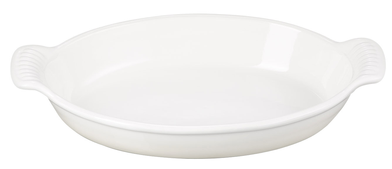 LE CREUSET Auflaufform oval 28 cm Weiße ovale Auflaufform mit Griffen, seitliche Perspektive