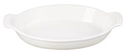 Weiße ovale Auflaufform mit Griffen, seitliche Perspektive