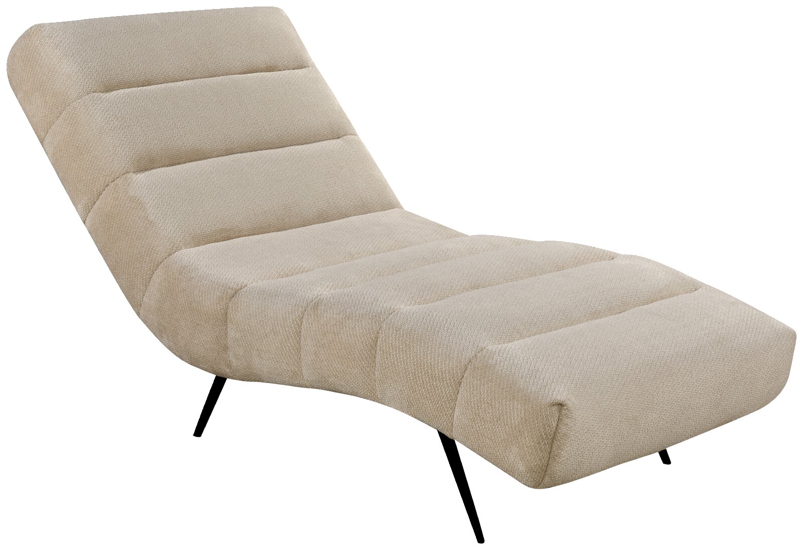 Beige gepolsterte Relaxliege mit strukturierter Stoffoberfläche, horizontaler Steppung und schwarzen Metallfüßen, in schräger Vorderansicht von oben
