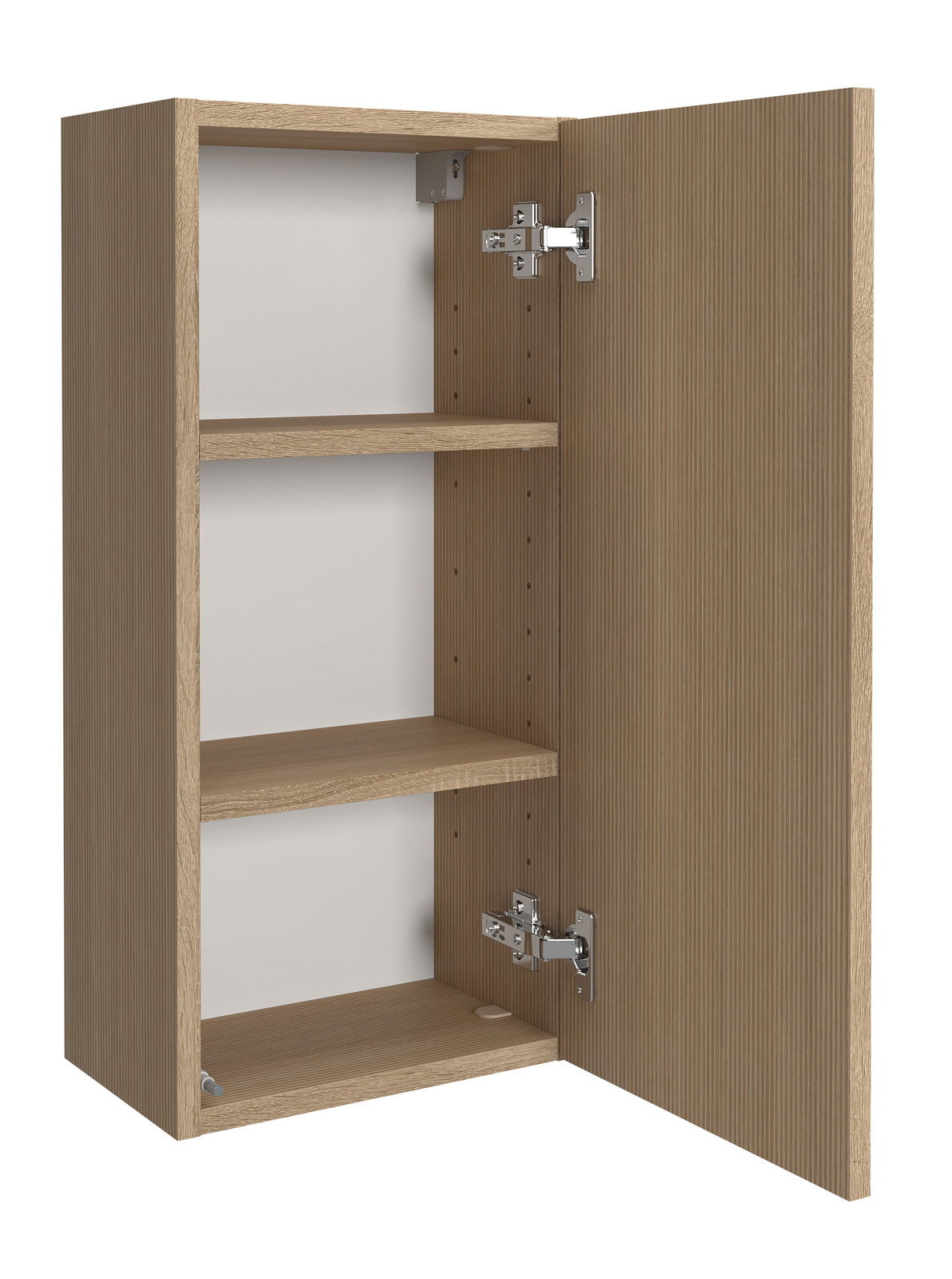 Hängeschrank aus Holz mit geöffneter Tür, zwei Einlegeböden und sichtbaren Scharnieren, Perspektive von vorne links