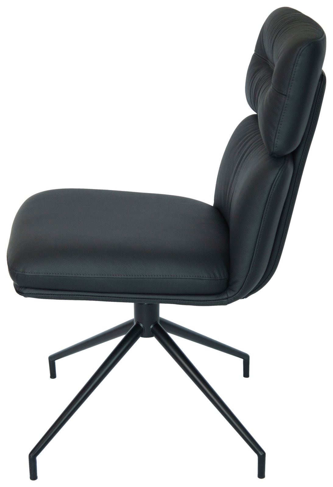 Moderner schwarzer Stuhl mit gepolsterter Rückenlehne und Sitzfläche, seitliche Perspektive