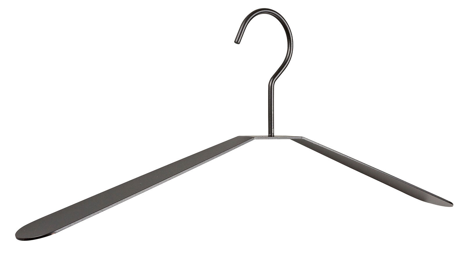 Metallischer Garderobenbügel in Frontalansicht mit gebogenem Haken und flachen, abgerundeten Enden.