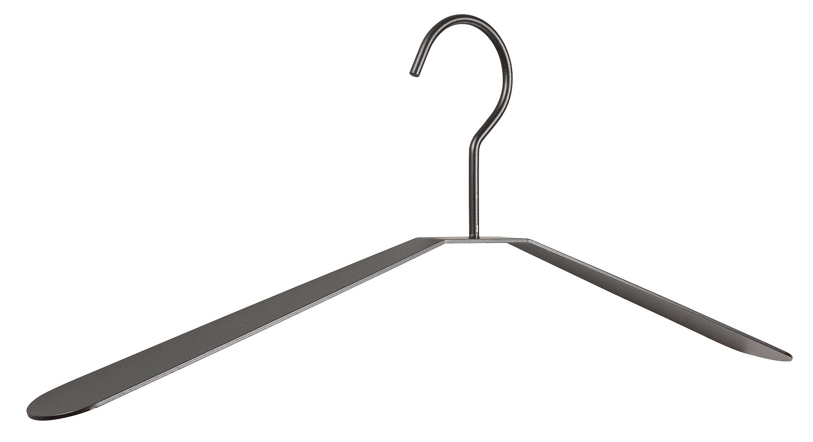 Metallischer Garderobenbügel in Frontalansicht mit gebogenem Haken und flachen, abgerundeten Enden.