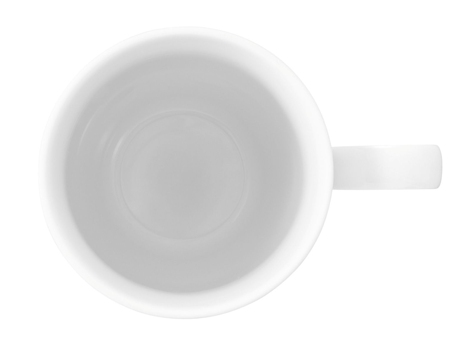 Ansicht von oben auf einen weißen Maxi-Becher mit Henkel, 0,45 l Fassungsvermögen.