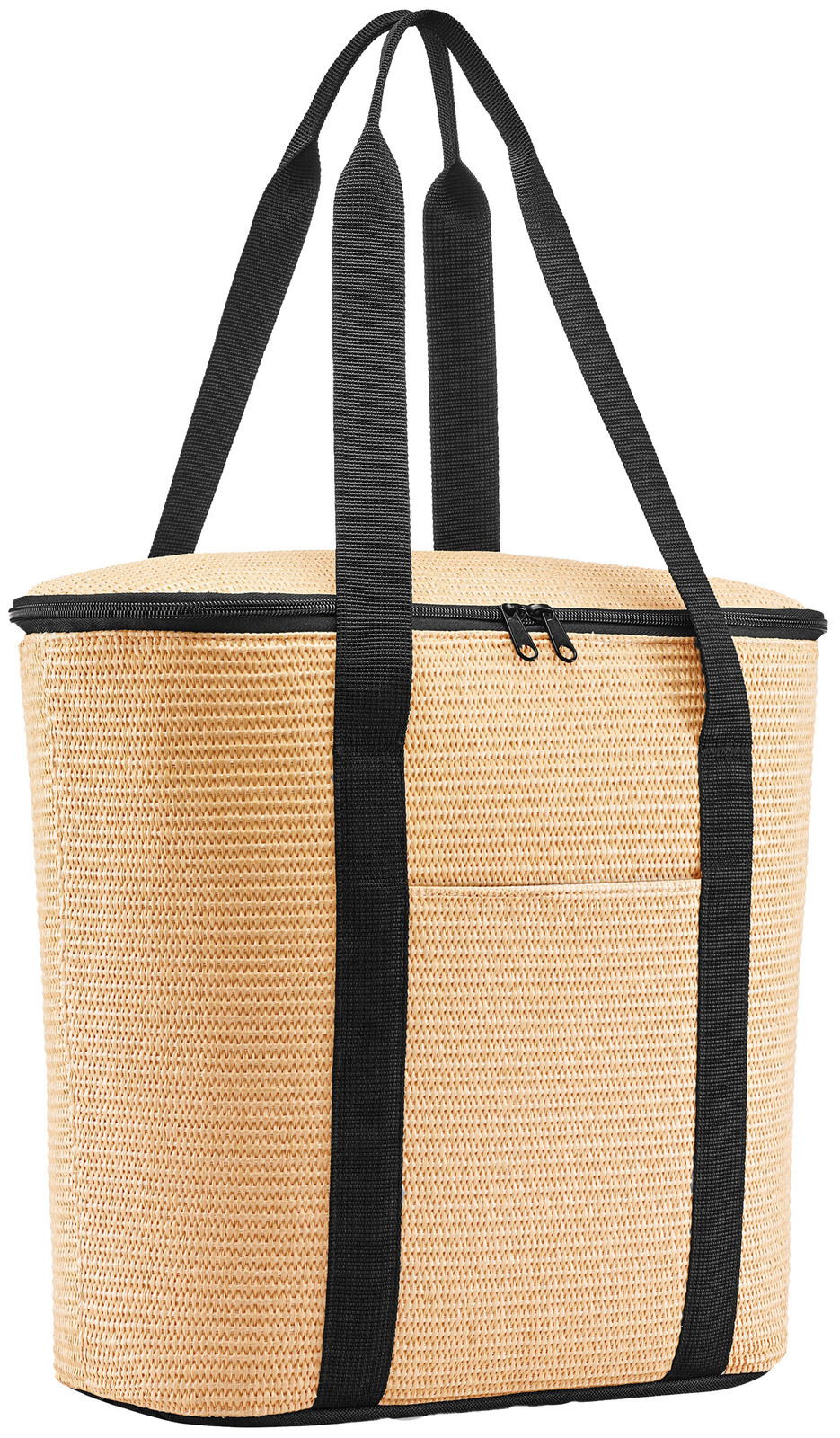 Thermoshopper aus geflochtenem Material mit schwarzen Tragegriffen, seitliche Perspektive