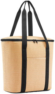 Thermoshopper aus geflochtenem Material mit schwarzen Tragegriffen, seitliche Perspektive