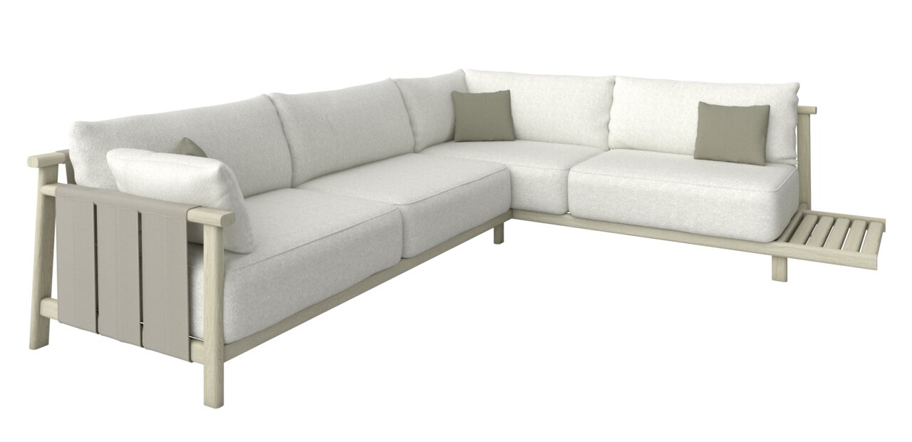 L-förmige Loungeeckgarnitur in hellem Stoff mit zwei Kissen, seitliche Perspektive