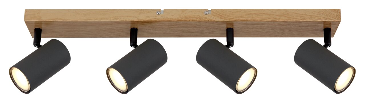 Deckenstrahler mit vier verstellbaren, graphitfarbenen Metallleuchten auf einer Holzleiste, seitliche Perspektive