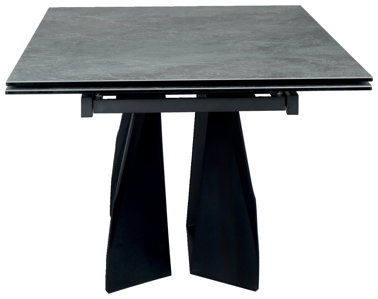 Moderne eettafel met donker tafelblad en uniek onderstel, vooraanzicht