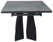 Moderner Esstisch mit dunkler Tischplatte und einzigartigem Untergestell, Frontalansicht