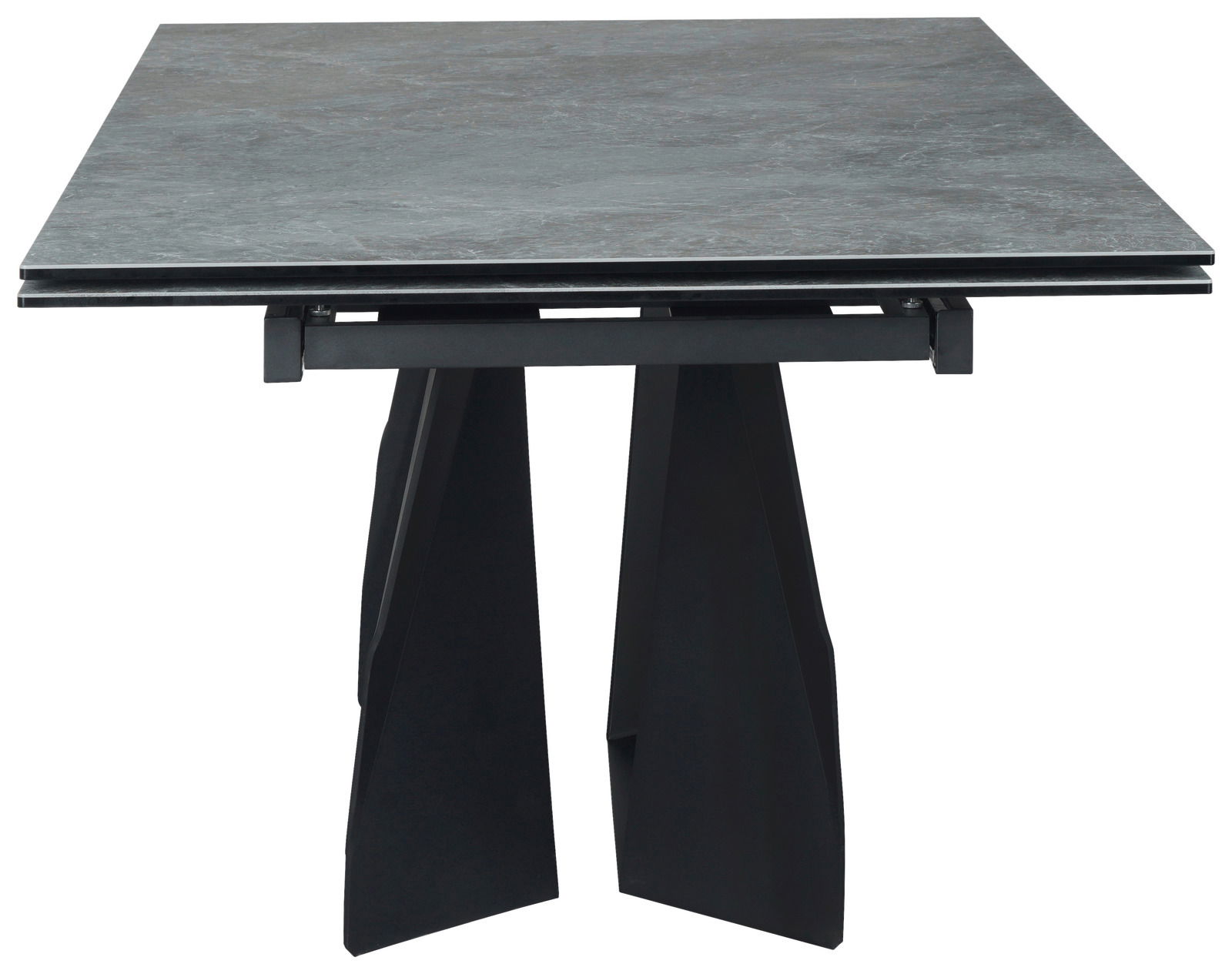 Moderner Esstisch mit dunkler Tischplatte und einzigartigem Untergestell, Frontalansicht