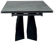 Moderne eettafel met donker tafelblad en uniek onderstel, vooraanzicht