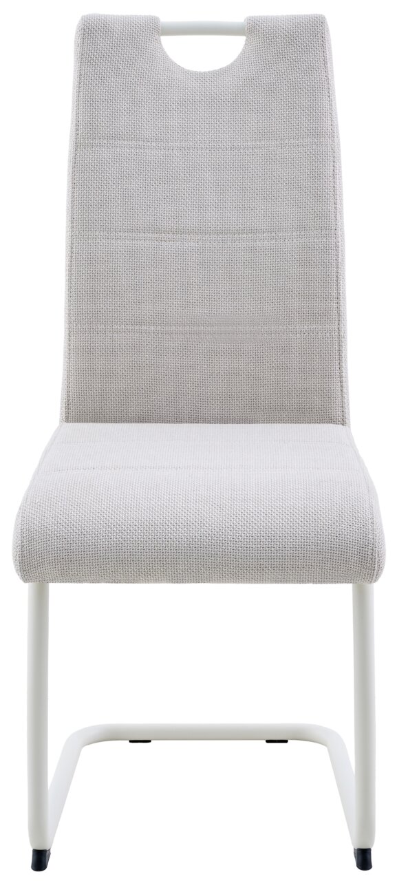 Gepolsterter Esszimmerstuhl mit hellgrauem Stoffbezug, weißem Metallgestell und Griffaussparung in der Rückenlehne, Frontalansicht