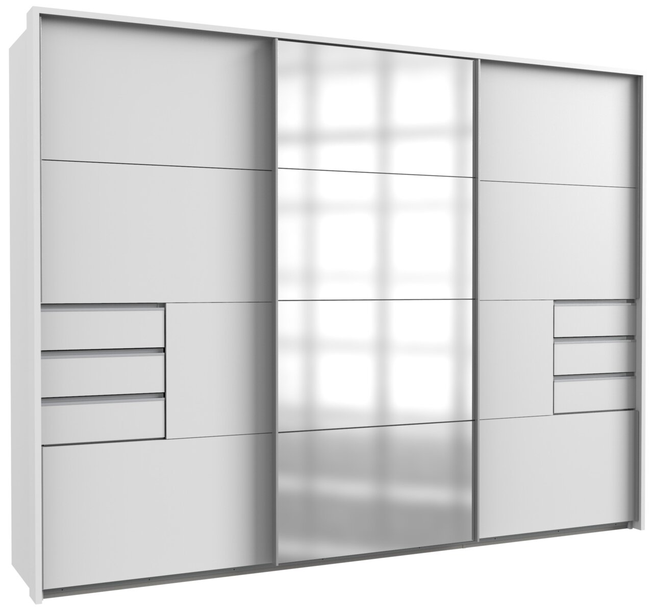 Z2 Schwebetürenschrank SAIGON Moderner Schwebetürenschrank mit drei Türen, teilweise mit Spiegel, in einer frontalen Ansicht. Der Schrank hat ein elegantes, minimalistisches Design mit integrierten Schubladen auf beiden Seiten.