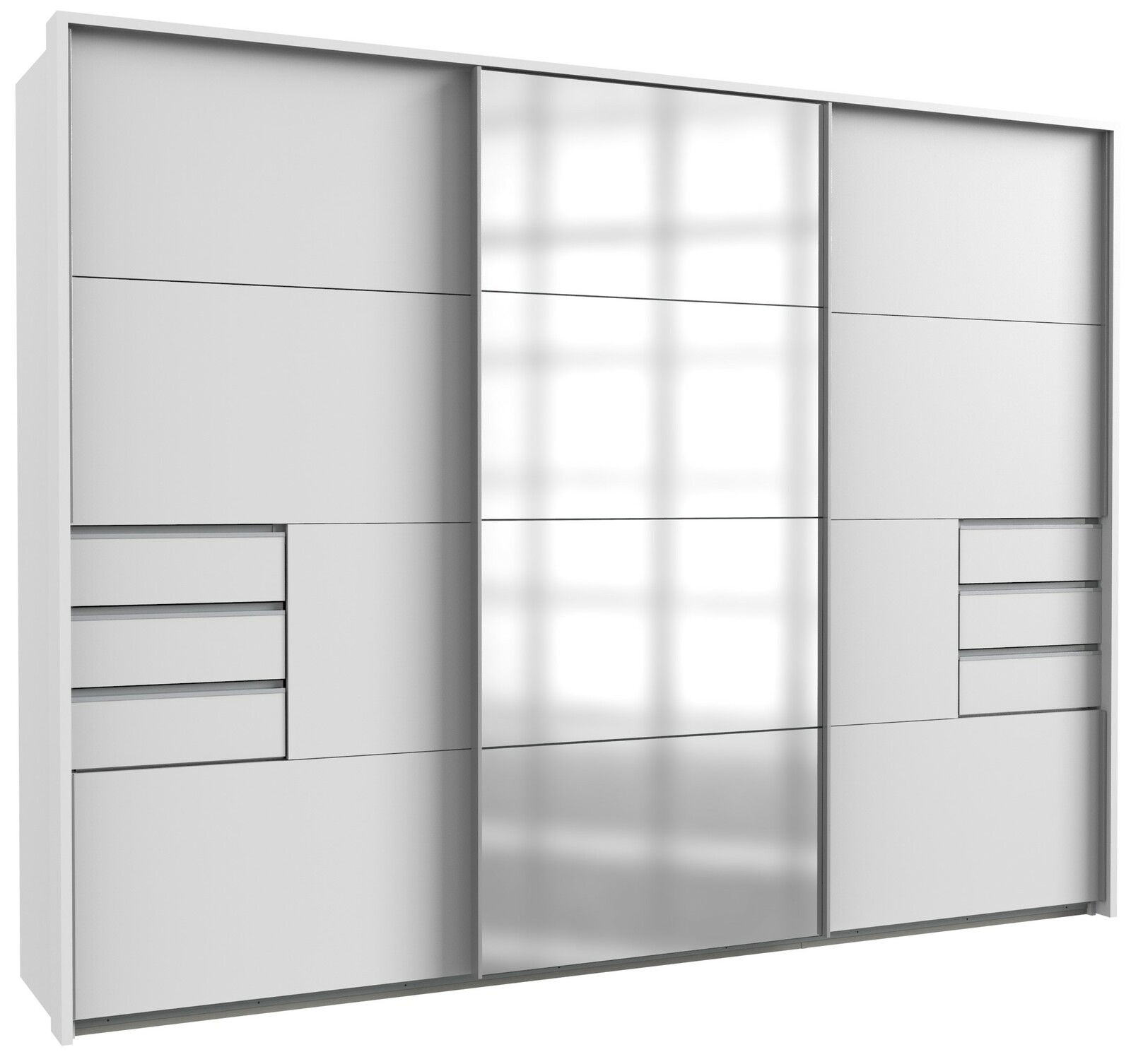 Moderner Schwebetürenschrank mit drei Türen, teilweise mit Spiegel, in einer frontalen Ansicht. Der Schrank hat ein elegantes, minimalistisches Design mit integrierten Schubladen auf beiden Seiten.