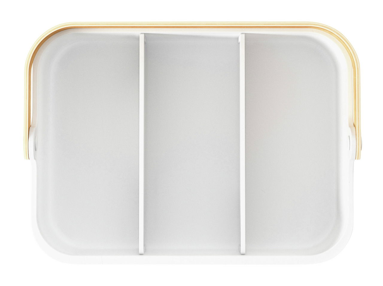 Vogelperspektive auf einen weißen Behälter mit drei Fächern und einem naturfarbenen Rand.