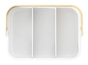 Vogelperspektive auf einen weißen Behälter mit drei Fächern und einem naturfarbenen Rand.