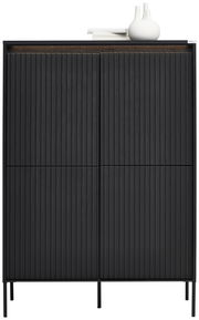 Frontale Ansicht eines modernen, schwarzen Highboards mit vertikalen Linien und minimalistischen Dekorationsobjekten auf der Oberseite.