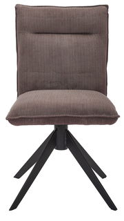 Moderner Stuhl mit geripptem Stoffbezug und schwarzem Metallgestell, Frontalansicht