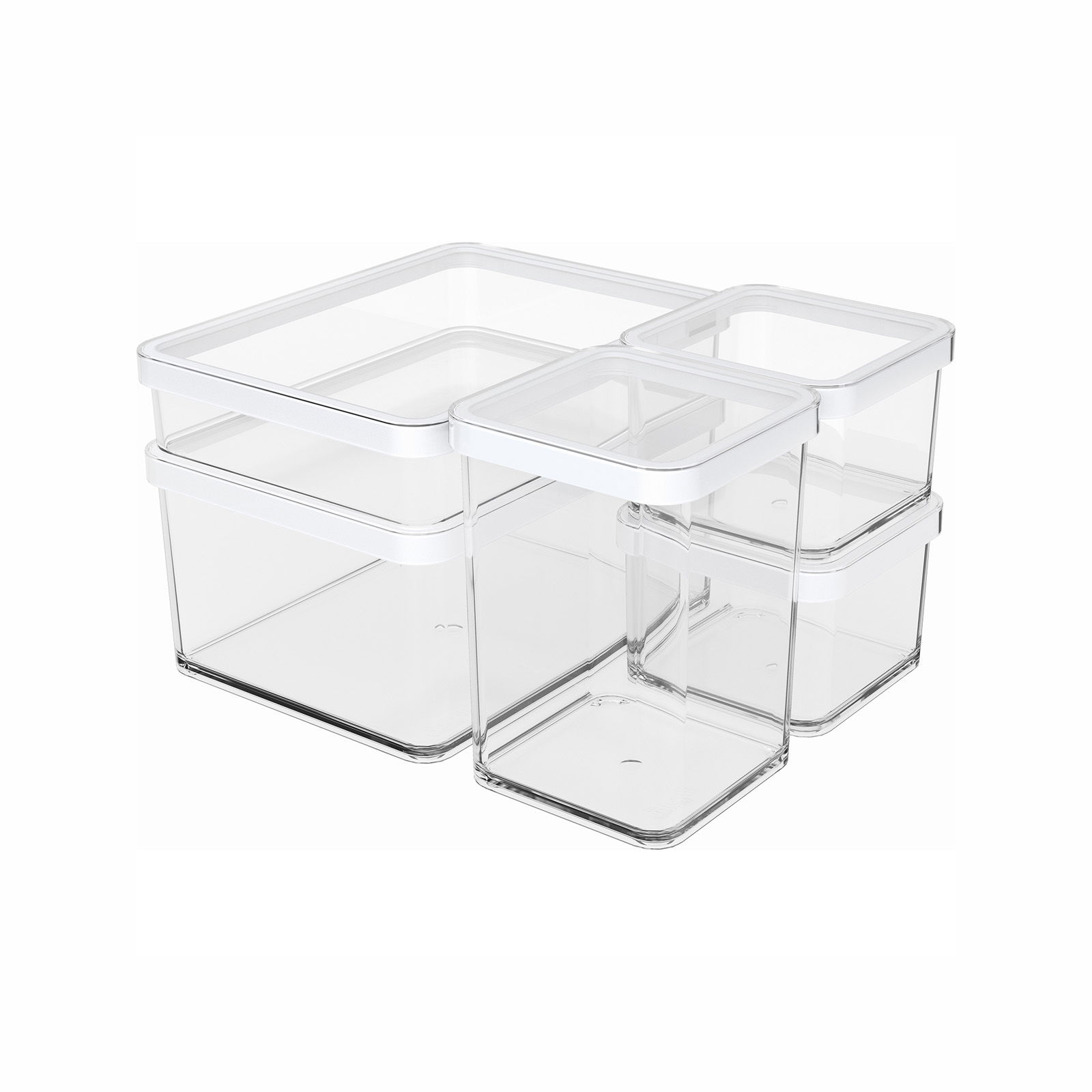 Transparente Aufbewahrungsboxen mit weißen Deckeln, fünf-teiliges Set, seitliche Perspektive