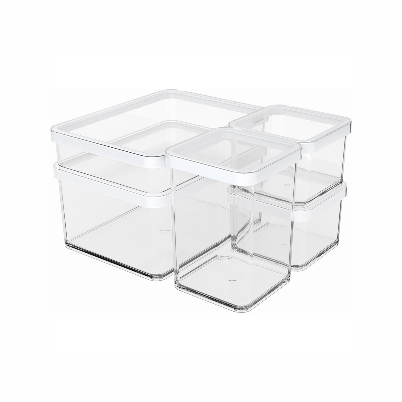 rotho Utensilo-Set 5-tlg. PINA Transparente Aufbewahrungsboxen mit weißen Deckeln, fünf-teiliges Set, seitliche Perspektive