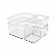 Transparente Aufbewahrungsboxen mit weißen Deckeln, fünf-teiliges Set, seitliche Perspektive
