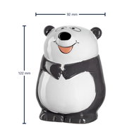 Spardose in Form eines lächelnden Pandas, frontal abgebildet, 12,2 cm hoch.