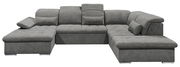 Graues Ecksofa in U-Form mit verstellbaren Kopfstützen und Kissen, Vorderansicht