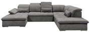 Graues Ecksofa in U-Form mit verstellbaren Kopfstützen und Kissen, Vorderansicht