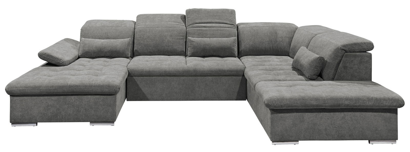 Graues Ecksofa in U-Form mit verstellbaren Kopfstützen und Kissen, Vorderansicht