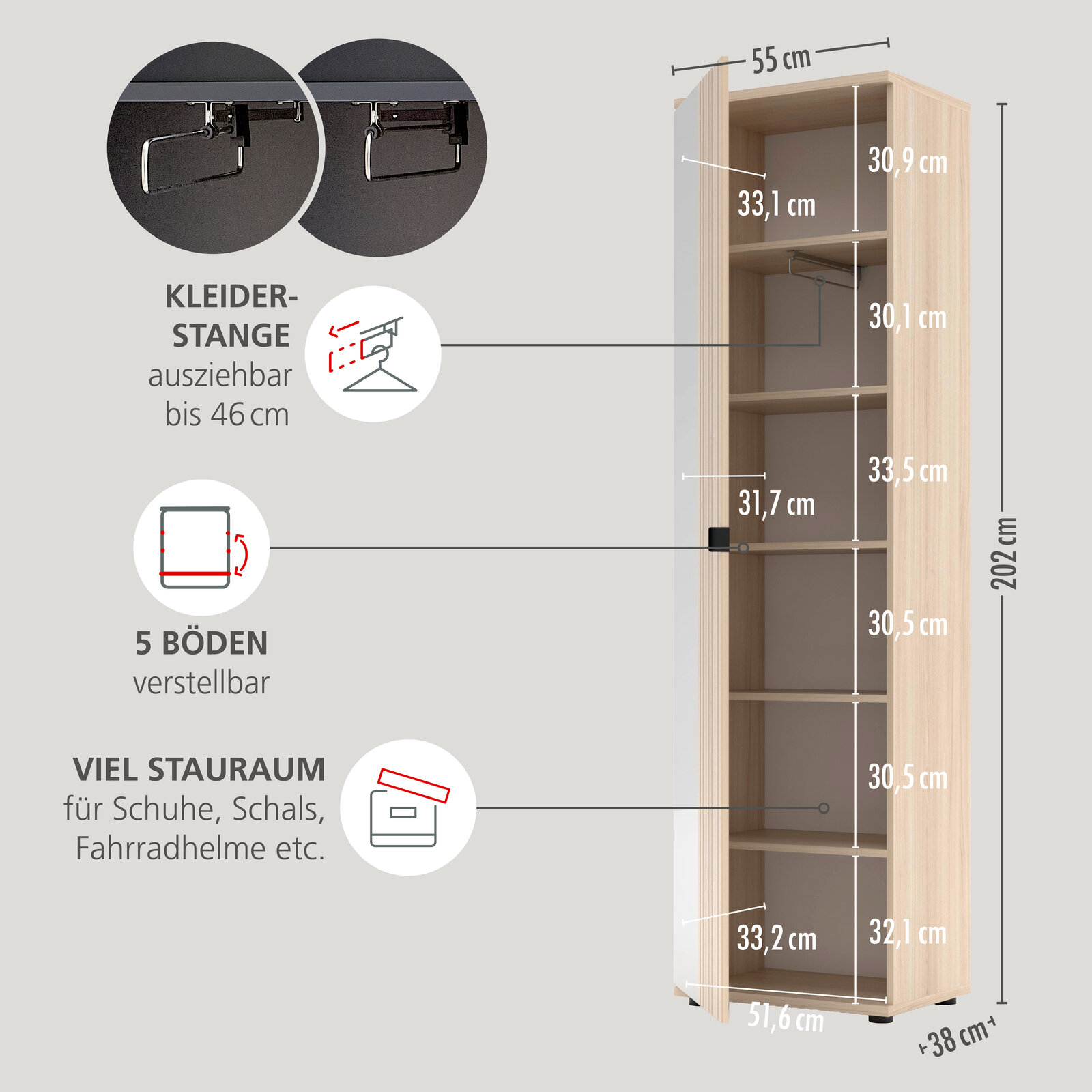 Offener, hoher Garderobenschrank in heller Holzoptik mit ausziehbarer Kleiderstange (bis 46 cm) und 5 verstellbaren Böden, Maßgrafik mit 202 cm Höhe und 55 cm Breite, perspektivische Frontansicht leicht von links.