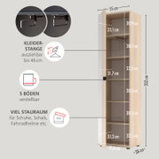 Offener, hoher Garderobenschrank in heller Holzoptik mit ausziehbarer Kleiderstange (bis 46 cm) und 5 verstellbaren Böden, Maßgrafik mit 202 cm Höhe und 55 cm Breite, perspektivische Frontansicht leicht von links.
