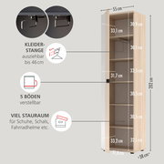 Offener, hoher Garderobenschrank in heller Holzoptik mit ausziehbarer Kleiderstange (bis 46 cm) und 5 verstellbaren Böden, Maßgrafik mit 202 cm Höhe und 55 cm Breite, perspektivische Frontansicht leicht von links.