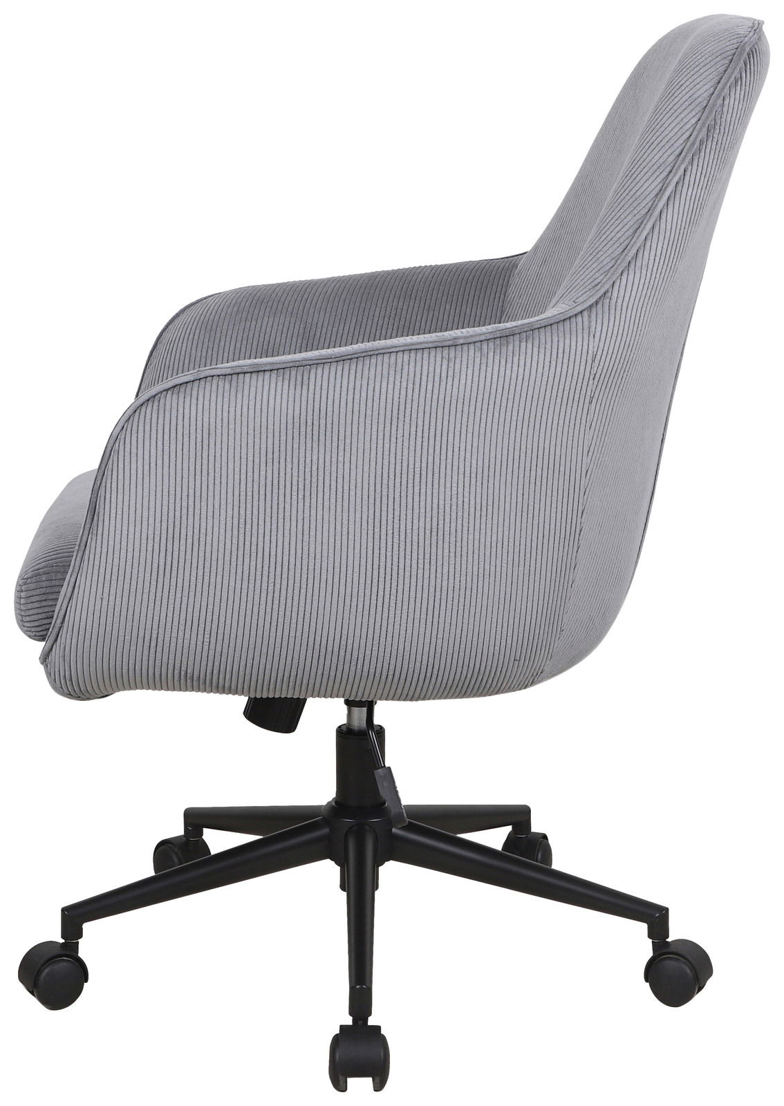 Grauer Drehstuhl mit geripptem Stoffbezug, seitliche Ansicht