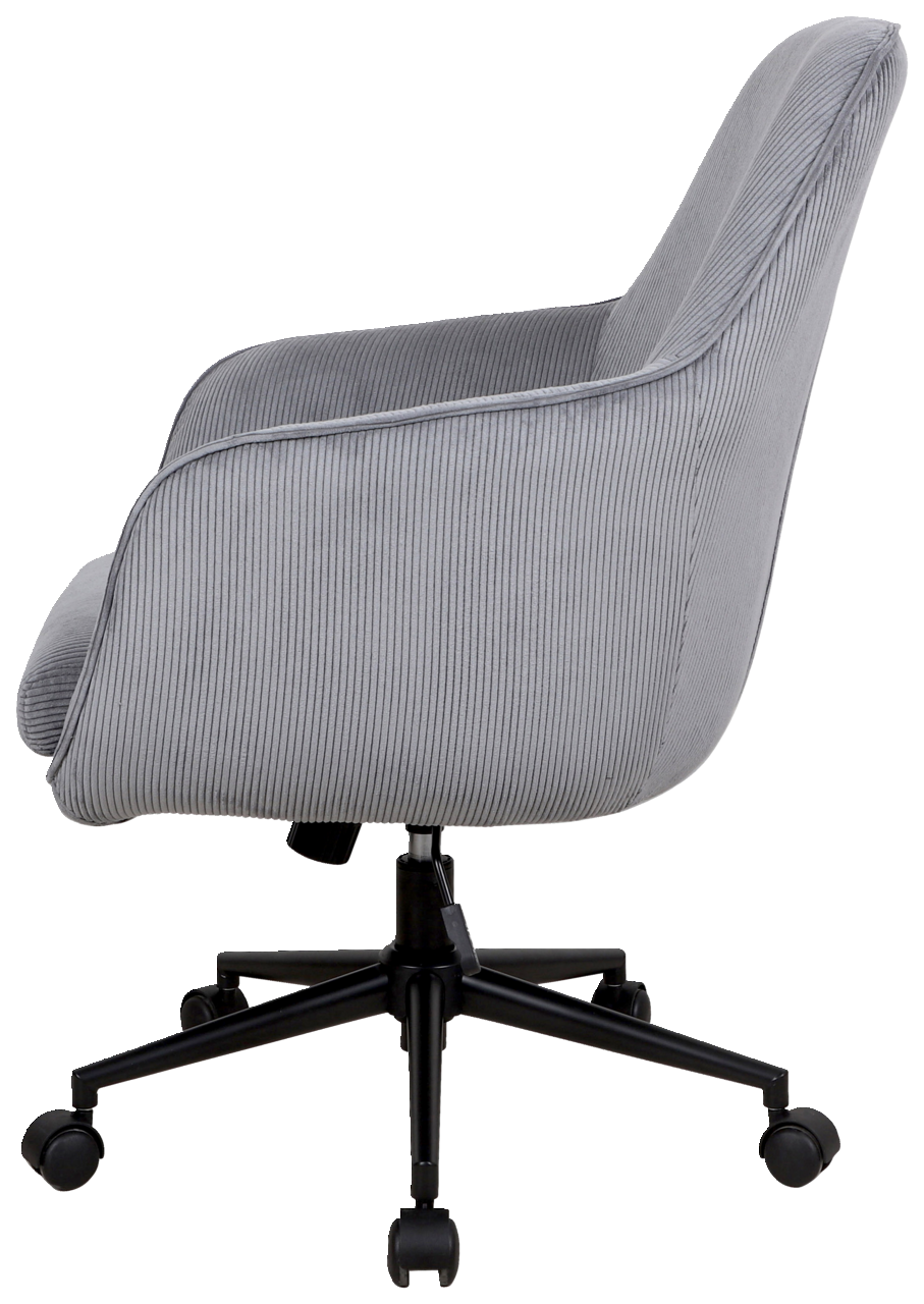 Grauer Drehstuhl mit geripptem Stoffbezug, seitliche Ansicht